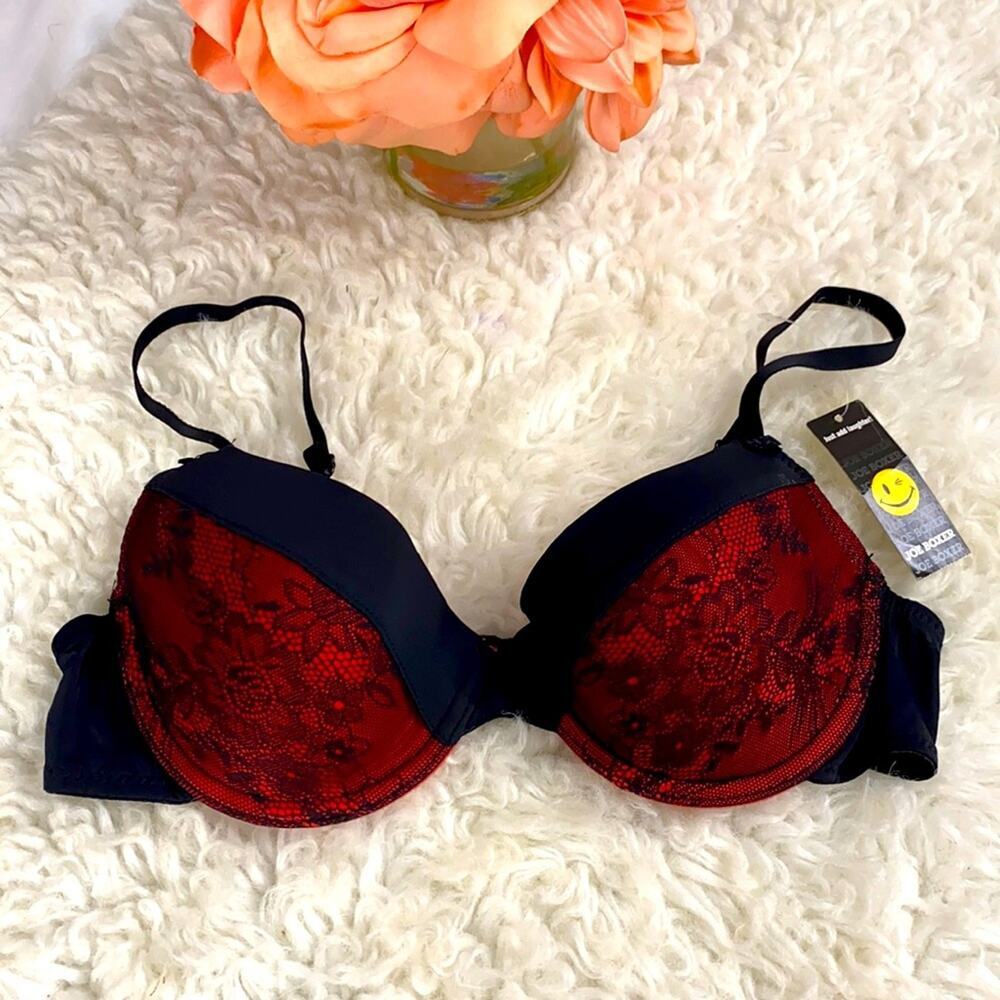 NWT Women's Juniors Joe Boxer Black Red Lace Bra Plunge 36B Straps